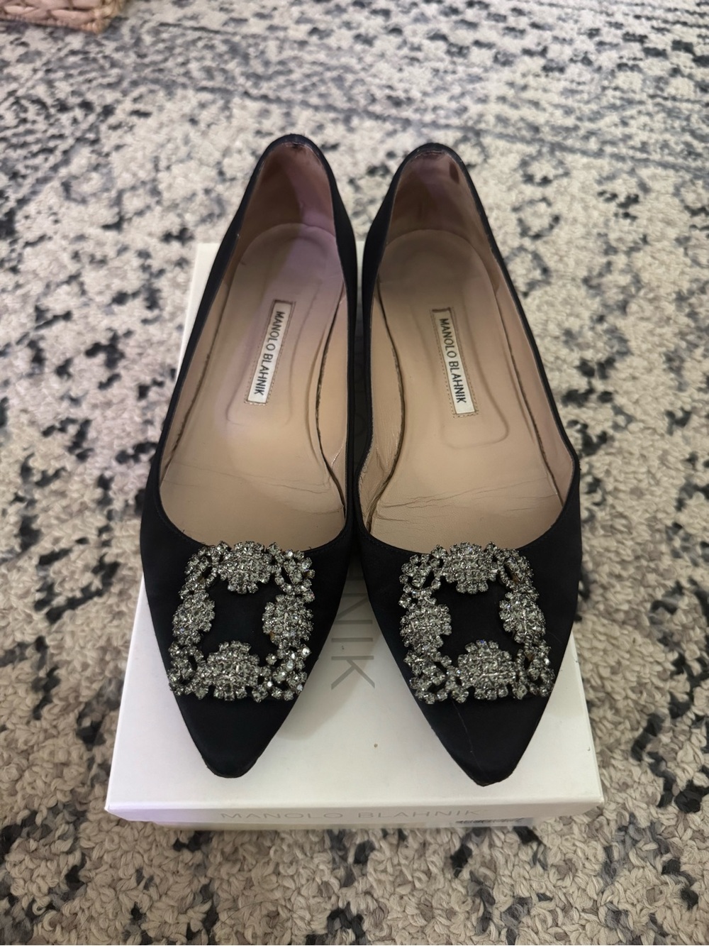 Manolo Blahnik Black Satin Pointed Flats with Crystal Buckles